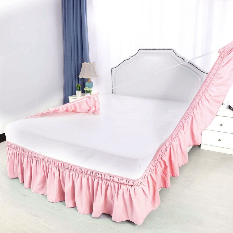 PiccoCasa Bed Skirt Wrap Around Bedskirt Three Fabric Sides Elastic Dust Ruffle, Easy Fit - with 15 Inch Drop Twin Pink - Image 4